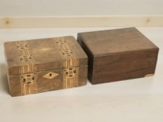 A Victorian walnut and parquetry jewellery box, and a further box, width 23 cm.