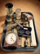 A Stereoscope slide viewer, a pair of antique spectacles, vintage rules,