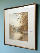 Edward A* (Early 20th century) : View along a river with castle beyond, watercolour,