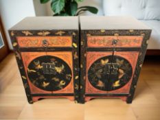 A pair of Chinese lacquered elm double door low cabinets, 40 cm x 33 cm x 60 cm.