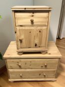 A reproduction pine two drawer low chest, width 80 cm, together with a bedside cabinet.