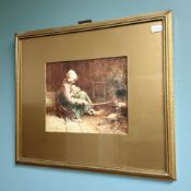 Ralph Johnson (1896-1980) A girl stoking a fire with a baby in her arms, watercolour, 18 cm x 21 cm.