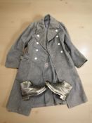 A woolen military overcoat and a pair of leather boots, size 8.