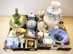 Assorted ceramics, wash jug and basin, delft tiles, Ringtons ware,