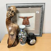 An oriental miniature silk ceremonial gown in frame, Famile Noir baluster vase,