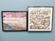 A continental lithographic print depicting figures in a mountainous landscape, indistinctly signed,