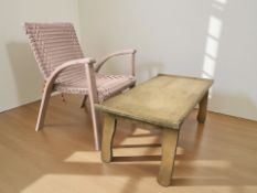 A child's painted loom chair, width 40 cm, and a small coffee table.