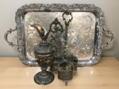 An ornate 19th century EPNS twin-handled serving platter, width 77 cm,