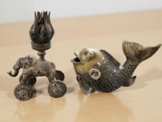 A Chinese patinated metal figure of a koi carp, length 21 cm,