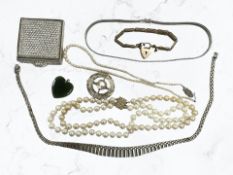 A group of costume jewellery, antique pearl necklace with silver clasp,