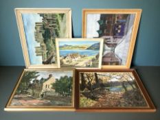 Five various 20th century oil paintings including street scenes, forest landscape etc,