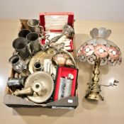 EPNS wares, pewter tankards, hip flasks, candelabrum, cutlery, together with a brass table lamp.