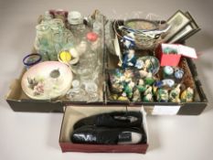 Assorted glass wares, ornaments, oriental figures, 19th century hand coloured engravings,