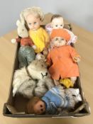 A group of vintage jointed dolls, child's Merrythought toy rabbit, etc.