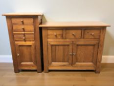 A Chapman's pine veneered sideboard, fitted three drawers and cupboards beneath,