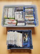 A collection of Blu-Ray discs and video games including PS1, PS2, PS3, Xbox 360 and Nintendo DS.