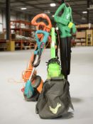 Flymo and Bosch electric strimmers, a garden leaf blower and a garden vacuum.