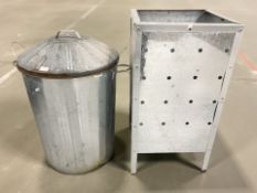 A galvanised bin and a square planter, height 75 cm.