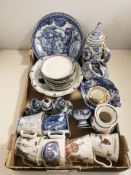 Assorted blue and white ceramics including plates, tankard, cruet, Russian porcelain mugs, etc.