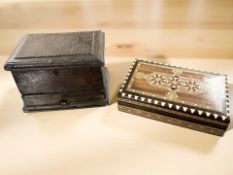 A parquetry inlaid teak trinket box and a further 19th century oak box, width 18 cm.