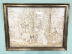 A large tapestry picture depicting figures in a garden in 18th century dress, 70 cm x 97 cm.