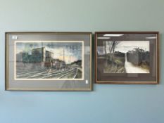 Birtley Avis : Rolling stock by a factory, watercolour, 47 cm x 26 cm,