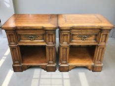 A pair of Barker & Stonehouse stained pine single drawer bedside tables, fitted a shelf beneath,
