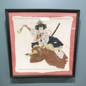 A framed Japanese print on cloth depicting a samurai warrior, overall 85 cm x 85 cm.