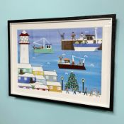 Gordon Barker : Meeting friends by a Christmas Tree, acrylic, 35 cm x 24 cm.