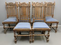 A set of six early 20th century oak barley twist dining chairs.