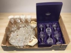 A box set of six Edinburgh Crystal wine glasses, various other drinking glasses,