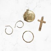 A pair of 9ct gold three tone earrings, 9ct gold crucifix pendant,