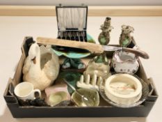 A group of ceramics, Malaysian Kris knife in sheath, cased set of forks, pair of lamp bases,