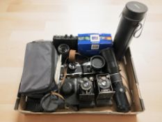An Exakta RTL1000 camera body, a Soviet Zorki 4K camera body, other cameras including Agfa,