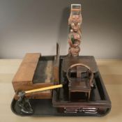 A 19th century rosewood writing box and a group of oriental wares including a hardwood rectangular
