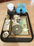 Oriental wares including a pair of turquoise glazed temple dogs, large bronze coin / medallion,