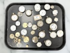 A group of antique and later pocket watches, watch parts and movements, Waltham pocket watch etc.