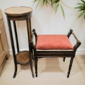 A storage piano stool and an inlaid mahogany plant stand.