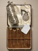 A cased set of six silver gilt cocktail skewers with cockerel finials, stamped Sterling Silver,