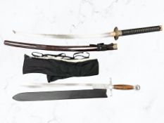 A reproduction medieval style sword, together with a reproduction Japanese katana.