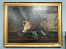 20th Century School : Still life with peacock feathers in a jug, oil on canvas, 50 cm x 67 cm.