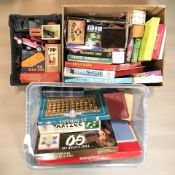 A group of vintage board games, chess set, die cast cars,