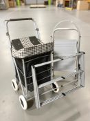 A shopping basket trolley, a folding step and a folding clothes airing stand.