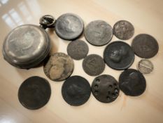 A continental silver open faced pocketwatch (a/f), together with several Georgian and later coins.