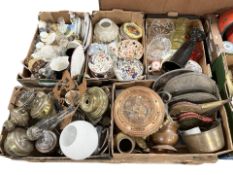 A group of oil lamp components, silver plated gallery trays, other metal wares,