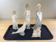 A Nao figure of a girl in nightdress with a puppy at her feet, height 27 cm,