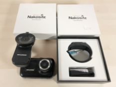 Two Nakosite smart bracelets, in boxes, together with a Nextbase dashcam.