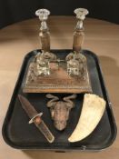 An oak and gilt metal mounted desk stand with twin eagle ink wells,