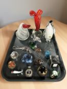 A group of continental studio glass animal ornaments and paperweights, small scent bottle, etc.