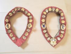 Two Masonic sashes with enameled chains.